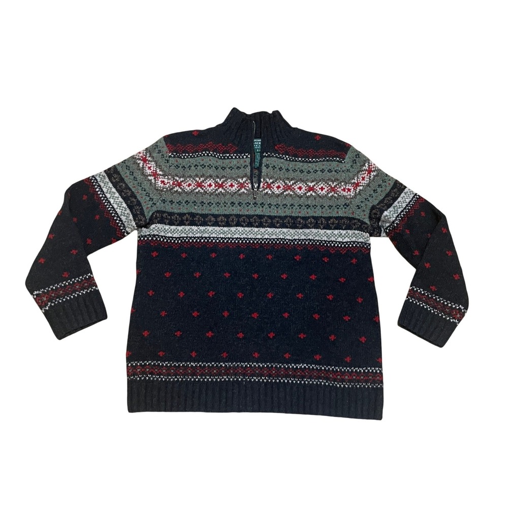 VTG Lauren Ralph Lauren MP Fair Isle Lambswool Hand Knit Quarter Zip Sweater